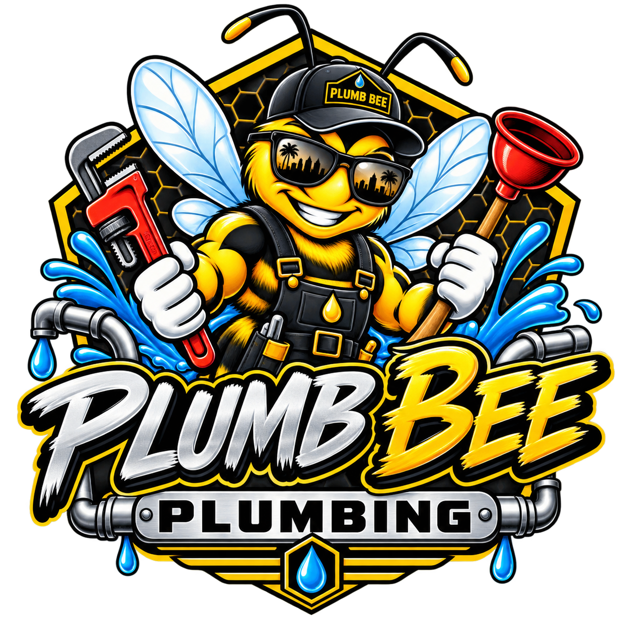 Plumb Bee plumber bee mascot holding a wrench and plunger